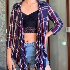 Navy & Burgundy Open Flannel Shirt